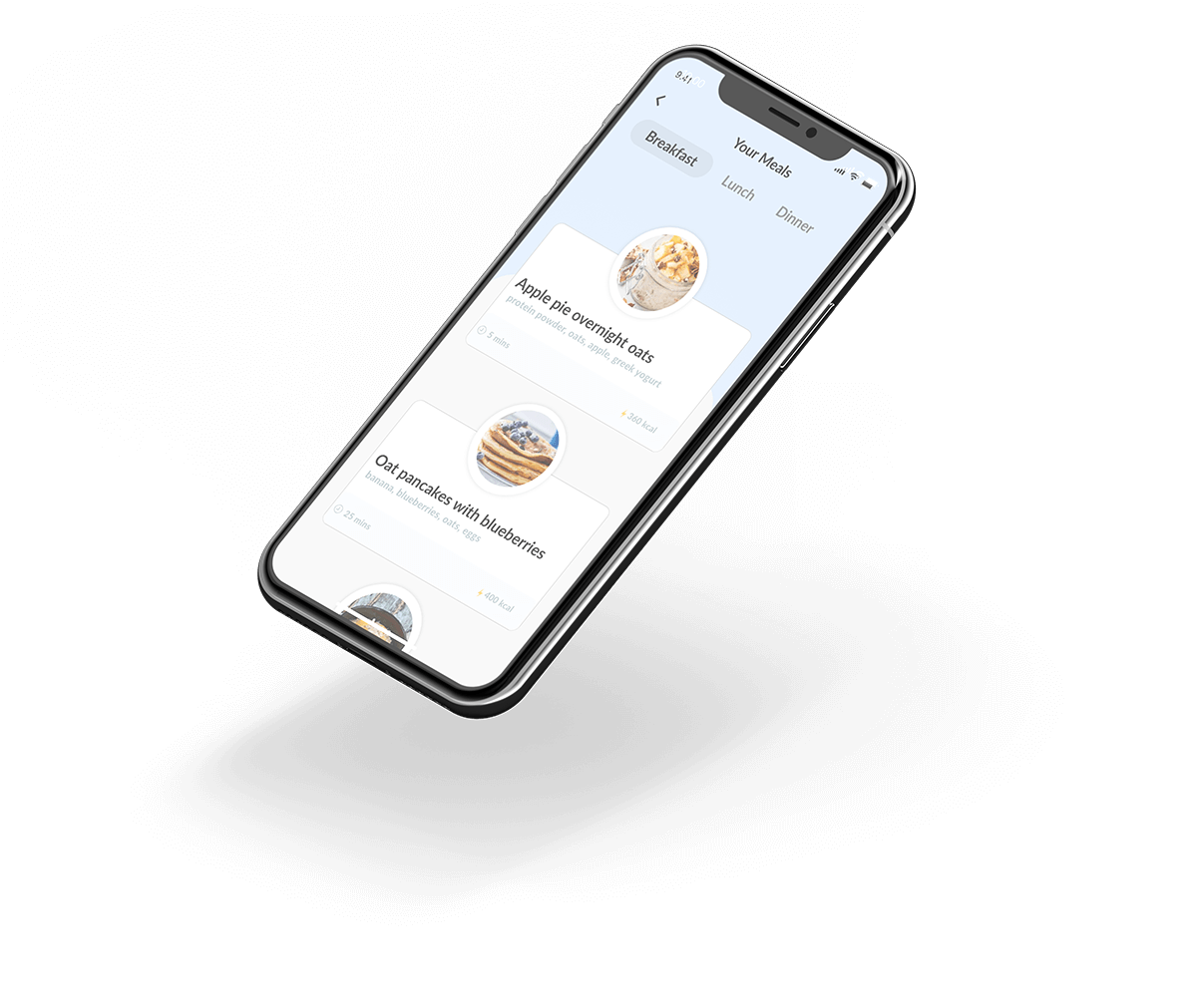 Mobile app showing meal plan